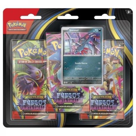 Pokémon: Megaevolución Fuegos Fantasmales. Blíster 3 sobres Sneasel. Español.