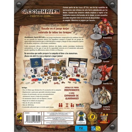 Image of the back of the box of the game Gloomhaven: Jaws of the Lion with all the relevant game information.