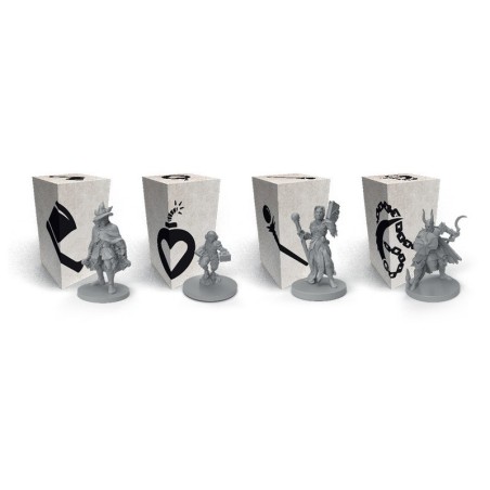 Imagen de las figuras esculpidas 3d de los héroes del juego Gloomhaven: fauces del león.