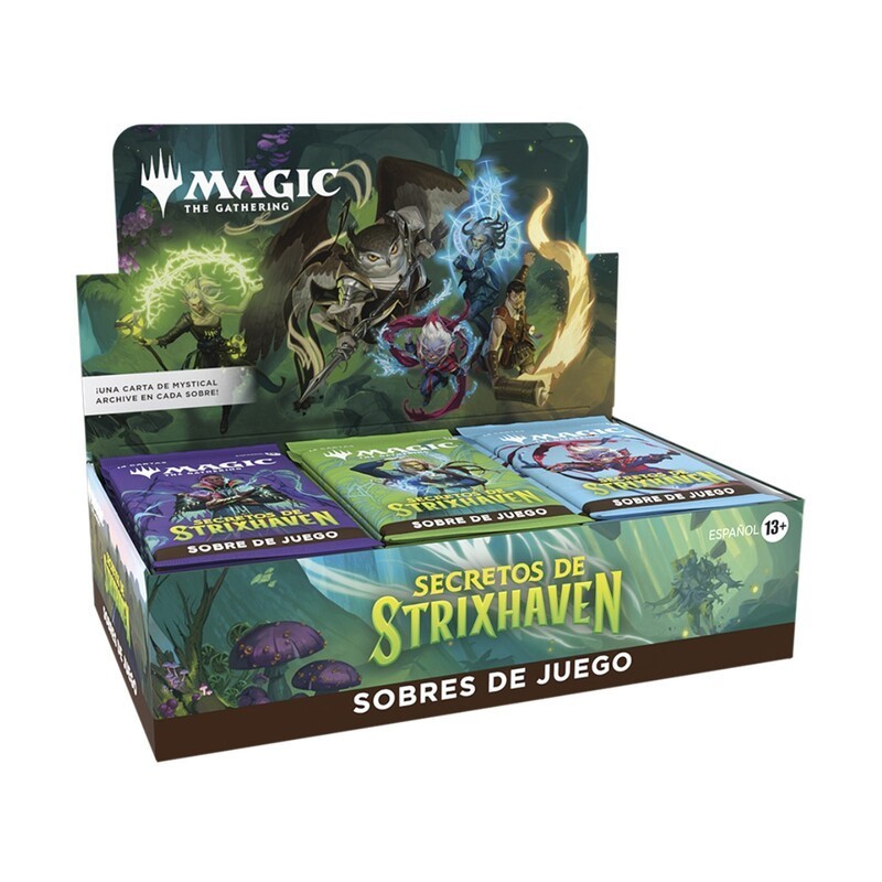 Imagen de la caja de play booster de magic the gathering de la colección secretos de Strixhaven en español.