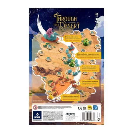 Imagen de la parte posterior de la caja del juego de mesa Through the desert con infomación técnica.