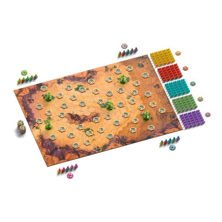 Imagen del tablero de juego y los componentes del juego Through the desert.