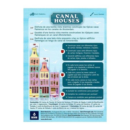 Imagen de la parte posterior de la caja del juego de mesa Canal houses con información del juego.