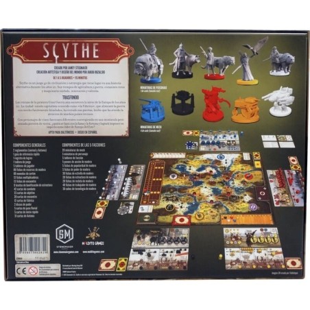 Imagen de la parte trasera del juego de mesa Scythe con información relevante