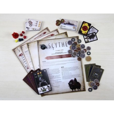 Imagen de los manuales y componentes del juego de mesa Scythe