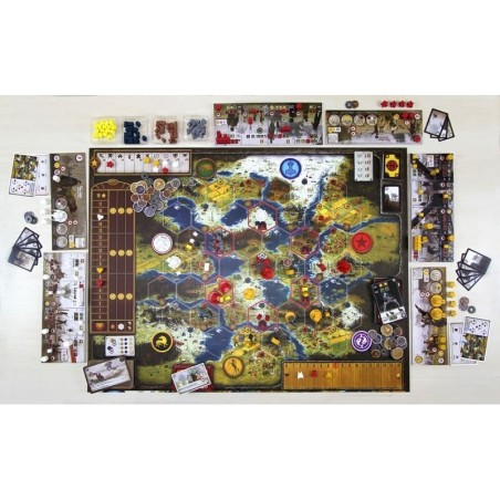 Image of the game board and components of the board game Scythe