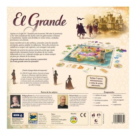 Image of the back of the box of the board game El Grande with relevant information.