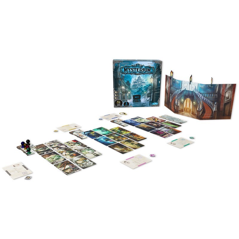 Imagen de la caja y los componentes del juego de mesa Mysterium.