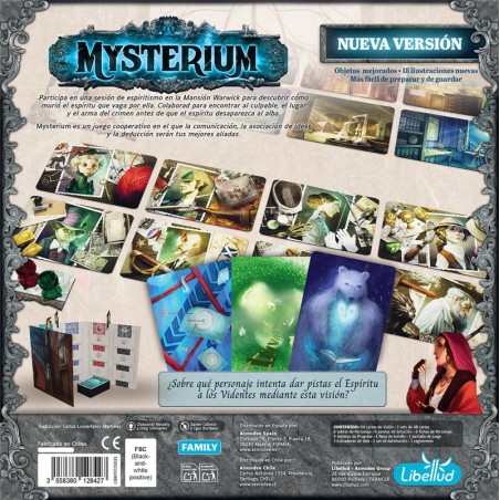 Imagen de la parte trasera de la caja del juego de mesa Mysterium con información relevante.