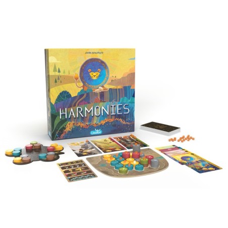 Imagen de la caja y los componentes del juego de mesa Harmonies.
