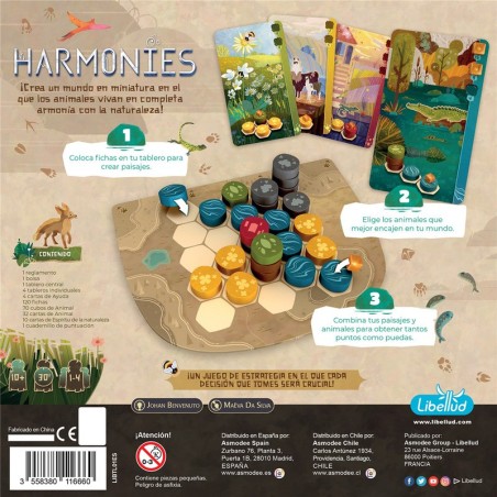 Imagen de la parte trasera de la caja del juego de mesa Harmonies.