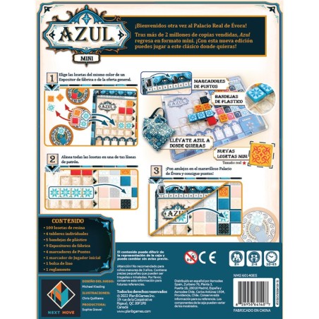 Azul Mini board game: back cover image and key features.