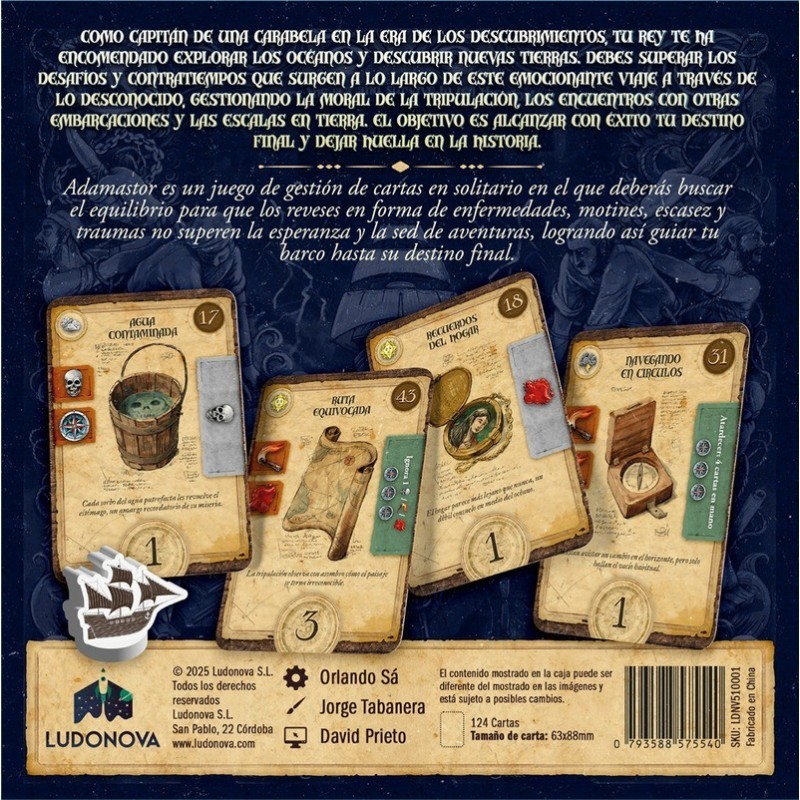Imagen de la parte trasera de la caja del juego de cartas Adamastor
