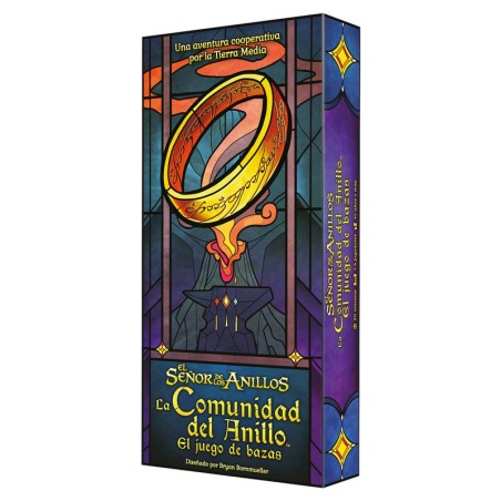 Imagen de la portada de la caja del juego de cartas la comunidad del anillo el juego de bazas.