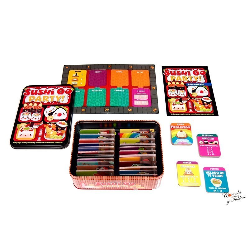 Image of the box and components of the Sushi Go Party! board game.