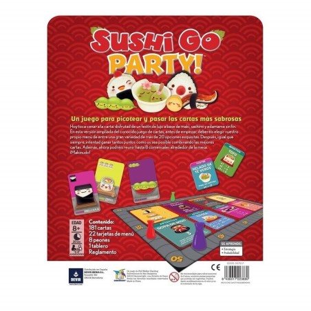 Imagen de la parte posterior de la caja del juego de mesa sushi go party