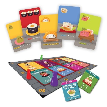 Image of the components of the Sushi Go Party! board game.