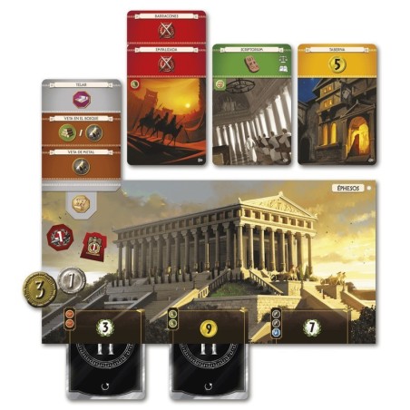 Imagen de los componentes del juego de cartas 7 wonders.