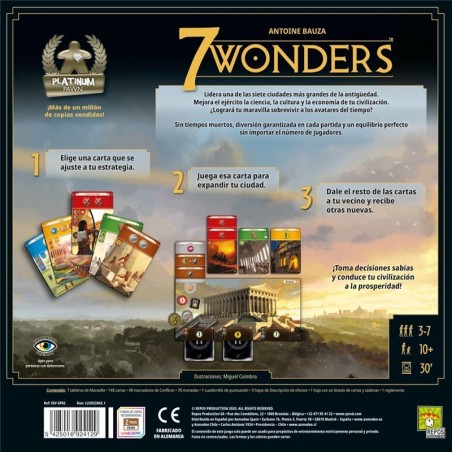 Imagen de la parte posterior del juego de cartas 7 wonders con información relevante.