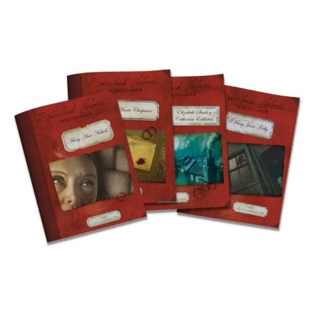 Imagen de los componentes del juego de investigación Sherlock Holmes: Jack el destripador y aventuras en el West End.