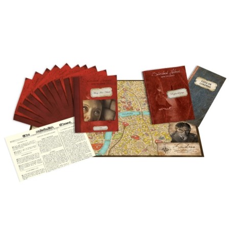 Imagen de los componentes del juego de investigación Sherlock Holmes: Jack el destripador y aventuras en el West End.