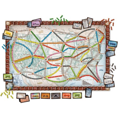Image of the components of the family game Ticket to Ride