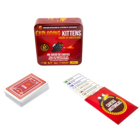 Imagen de los componentes del juego de cartas exploding kittens 10 aniversario.