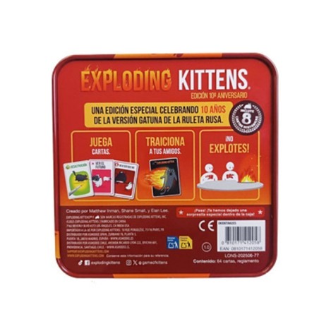 Image of the back of the Exploding Kittens 10th Anniversary card game tin.