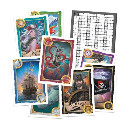 Imagen de los componentes del juego de bazas skull king.