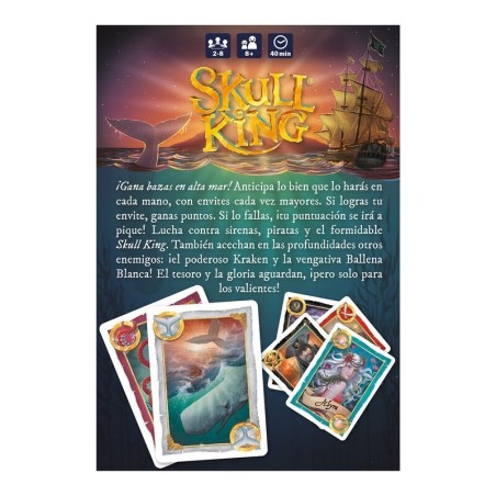 Image of the back of the Skull King trick-taking game box with relevant information.