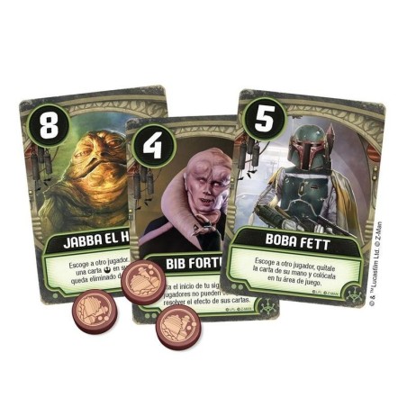 Imagen de los componentes del juego de cartas El palacio de Jabba Love letter.