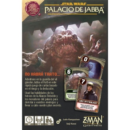 Imagen posterior del juego de cartas El palacio de Jabba Love letter con información relevante.