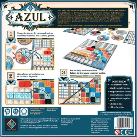 Back image of the strategy game Azul with relevant information.