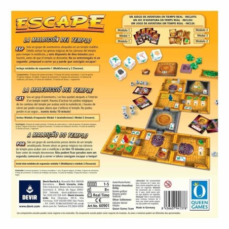 Imagen de la parte posterior del juego cooperativo escape la maldición del templo con información relevante.