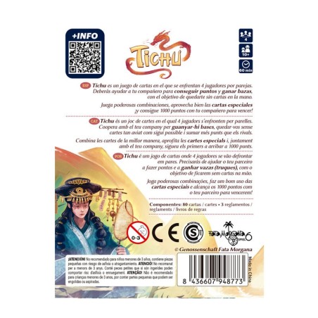 Imagen posterior de la caja del juego de cartas Tichu con información relevante.