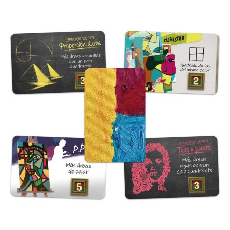 Imagen de los componentes del juego de cartas abstracto academia abstracta.