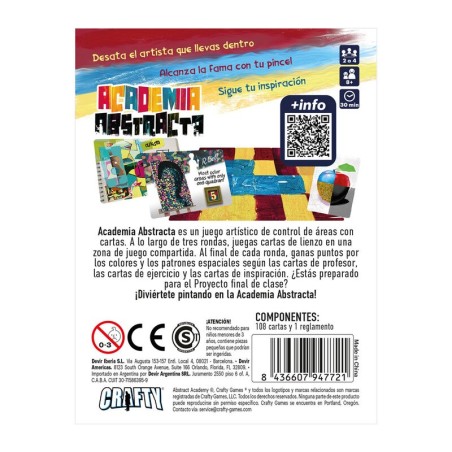 Imagen posterior de la caja del juego de cartas abstracto academia abstracta con información relevante.