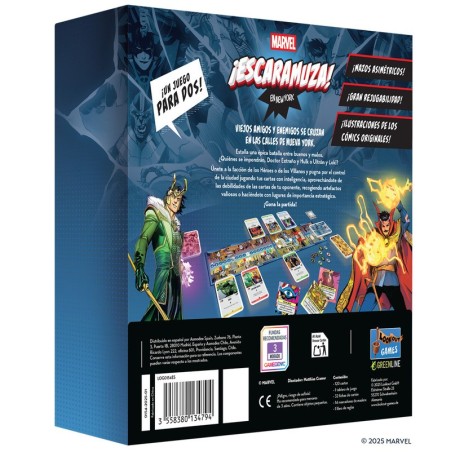 Imagen de la parte posterior de la caja del juego de mesa Marvel ¡Escaramuza! en New York comprar juegos de marvel