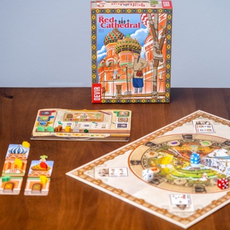 Imagen de los componentes del juego de estrategia y dados Red Cathedral comprar red cathedral