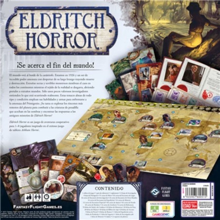 Back image of the box of the cooperative game Eldritch Horror – Buy Eldritch Horror board game