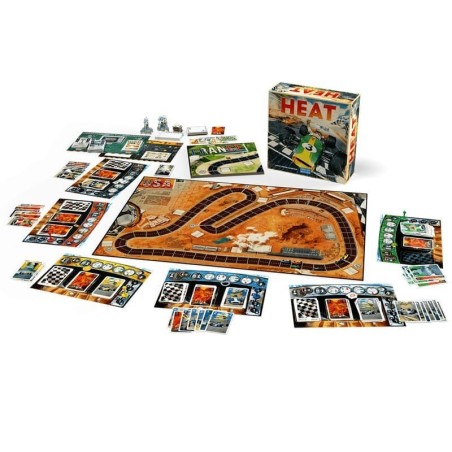 Image of the components of the game Heat – Buy Heat racing board game