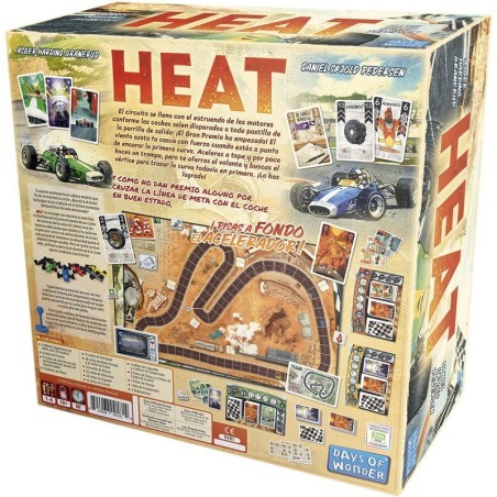 Back image of the box of the game Heat – Buy Heat racing board game