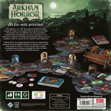 Back image of the box of the cooperative game Arkham Horror 3rd Edition – Buy Arkham Horror board game