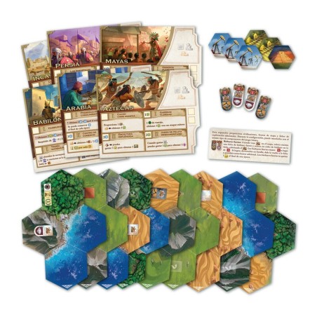 Components of the expansion for the civilization game Epochs by Devir.