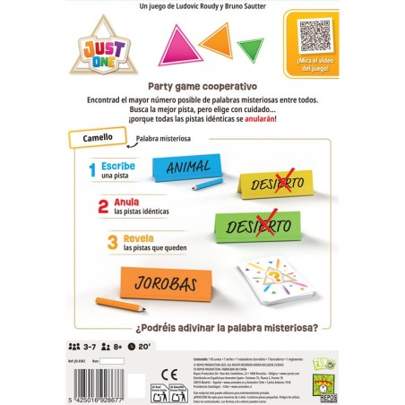 Trasera de la caja del juego cooperativo de palabras just one de asmodee