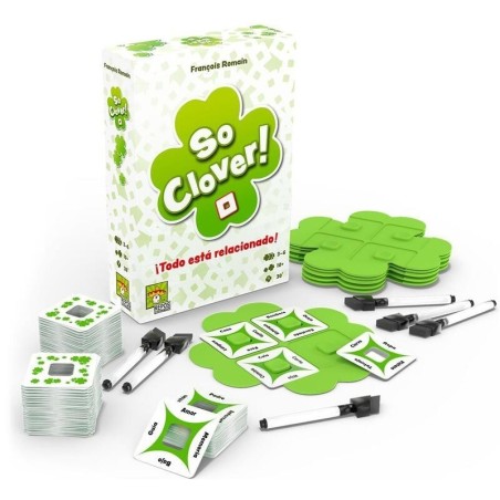 Box and components of the cooperative word game So Clover! by Asmodee.