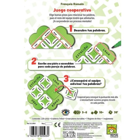 Back of the box of the cooperative word game So Clover! by Asmodee.