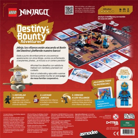 Trasera de la caja del juego cooperativo de aventuras ninjago destiny's bounty adventures de asmodee