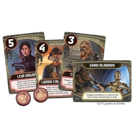 Cartas rebeldes y tokens del juego de cartas love letter star wars palacio de Jabba de asmodee.