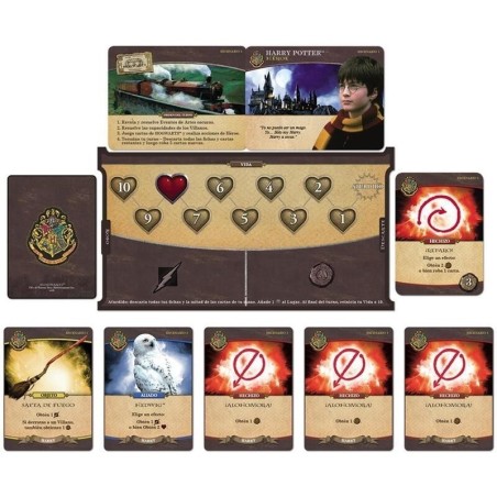 Components of the Harry Potter: Hogwarts Battle deck-building board game by Asmodee.